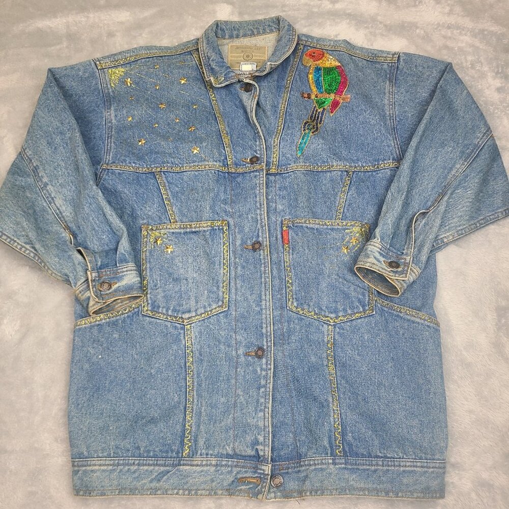 Vintage Jordache Denim Jacket Embellished Sequined Acid Wash Parrot Design Sz L